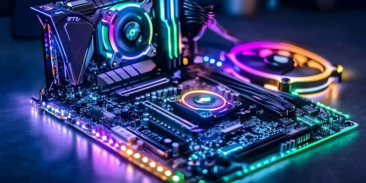 RGB-lit Computer Motherboard with CPU Cooler and Fans, Vibrant and Colorful Abstract Technology Background