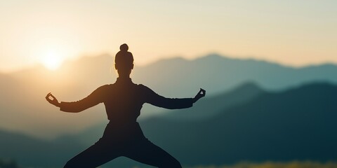 Fototapeta premium Burnout Recovery Mental Health Concepts. Silhouette of a person meditating at sunset in the mountains.