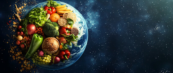 Earth's Bounty: A vibrant, colorful assortment of fresh fruits, vegetables, and grains are arranged on a globe symbolizing Earth's abundance and sustainability.