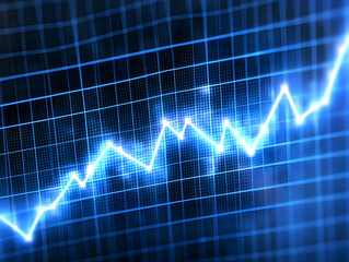 Naklejka premium Abstract Blue Grid Background with Glowing Upward Trend Line: Digital Finance Growth Illustration