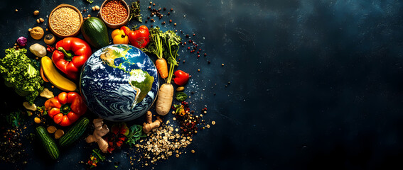 A Culinary Planet: A vibrant display of fresh produce surrounds a globe, showcasing a global perspective on health, wellness, and the importance of nourishment.