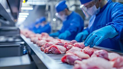 Meat Processing Plant: A detailed view of a modern meat processing plant, showcasing workers in protective gear meticulously inspecting and processing cuts of meat along a conveyor belt.  