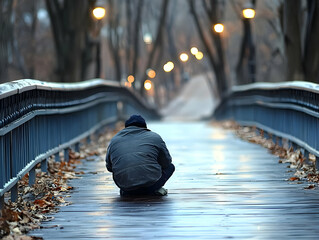 Obraz premium Solitary Figure Sits on Wet Bridge Deck, Autumn Leaves Scattered, Evening Lights Blurred in Background