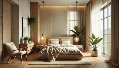 Minimalist bedroom with wooden furniture soft lighting and calming natural atmosphere