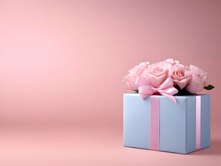 Obraz premium Pastel Pink Roses Adorn a Light Blue Gift Box on a Pink Background: A Festive Illustration