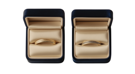 Wedding, gold rings in velvet blue boxes isolated on a white background, top view, created with Generative AI technology, PNG