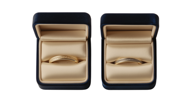 Wedding, gold rings in velvet blue boxes isolated on a white background, top view, created with Generative AI technology, PNG