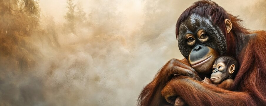 A caring orangutan embraces her baby amidst a soft atmospheric background