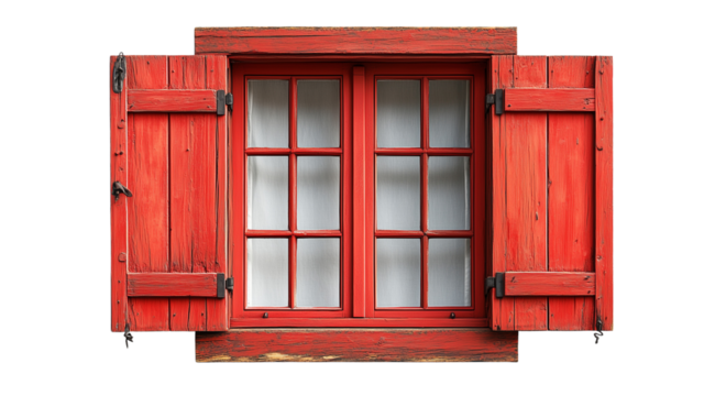 Wooden window painted red isolated on a white background, created with Generative AI technology, PNG