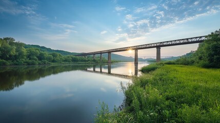 Serene Sunset Over Peaceful River With Vintage Bridge Reflection
