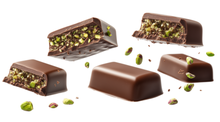 PNG, Dubai chocolate, set of levitating chocolate candies with filling, isolated on white background, created with Generative AI technology