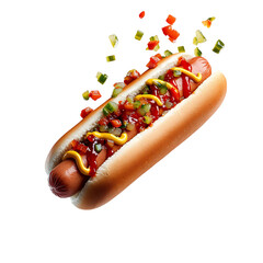 A Savory Hot Dog with Ketchup Mustard and Relish Isolated on Transparent Background