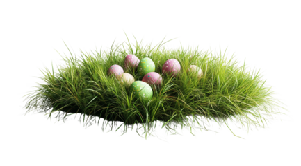 PNG, Easter, colored eggs on green grass, isolated on white background, created with Generative AI technology