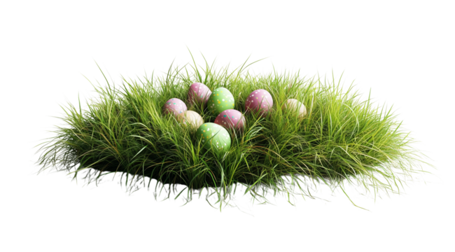 PNG, Easter, colored eggs on green grass, isolated on white background, created with Generative AI technology