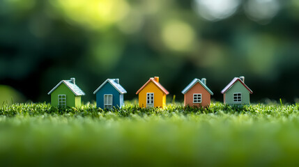 Miniature Houses on Green: A charming collection of miniature houses with vibrant colors, nestled in a lush green field, symbolizing the essence of home, community, and the beauty of simplicity.
