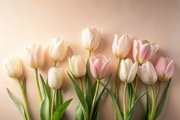 Fototapeta premium A delicate arrangement of pale pink and creamy white tulips against a soft, neutral background