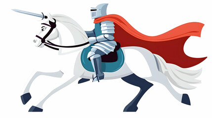 Fototapeta premium A knight in shining armor rides a majestic unicorn, wielding a sword, his red cape flowing behind him in a heroic illustration.
