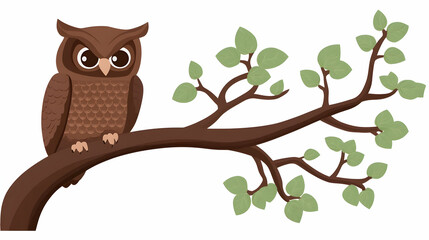Fototapeta premium Cartoon Owl Perched on a Branch with Green Leaves Illustration