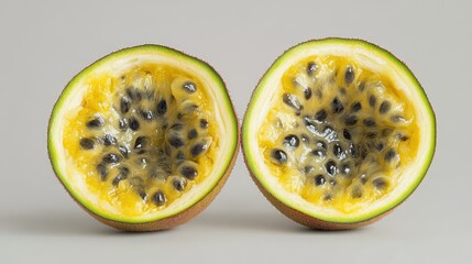 Passion fruit halves, vibrant yellow-green flesh, dark seeds
