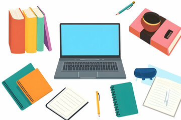 Vibrant Illustration of Laptop, Books, Notebooks, and Pens: A Colorful Study Setup