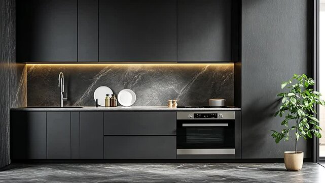 Sleek modern kitchen design with dark cabinetry, marble backsplash and elegant lighting