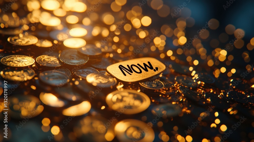 Poster Discover ways to save money with golden coins and banknotes while focusing on the importance of saving now as highlighted in a unique design