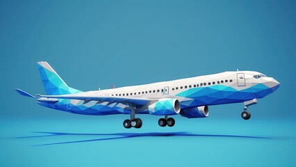  A modern geometric aircraft soaring through a vibrant blue backdrop