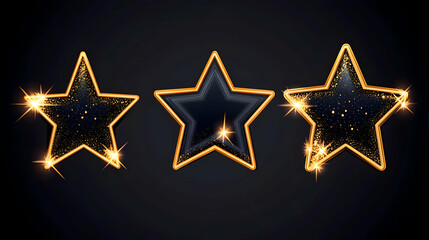 Fototapeta premium Three Glittering Gold-Framed Stars Shine on Black Background, Sparkling Festive Design