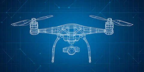Obraz premium Drone Blueprint: A 3D Wireframe Model of an Unmanned Aerial Vehicle with Integrated Camera, Displayed on a Technical Grid Background.