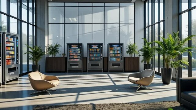 Modern Vending Area with Natural Light and Contemporary Seating in a Sleek, Minimalist Design video. Modern Vending Area and Seating in a sleek video concept.