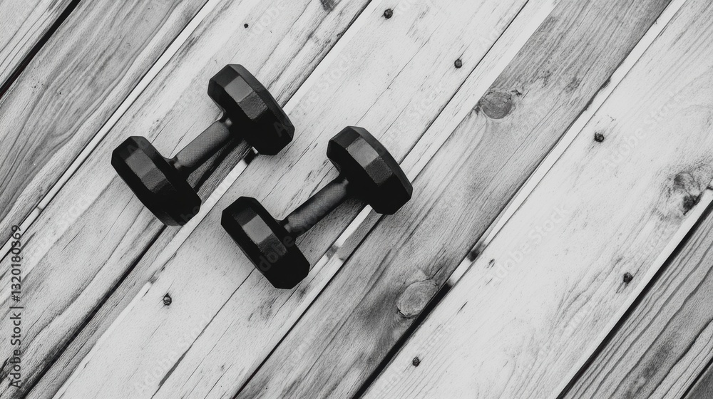 Poster minimalist black and white dumbbells on textured wooden floor with negative space and diagonal lines