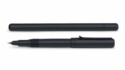 3D Render of a Black Pen and its Cap Isolated on White Background: Detailed Product Mockup for Stationery Design