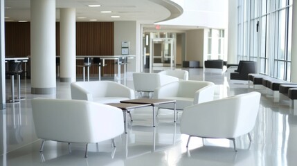 Minimalistic office lobby with modern furniture, soft lighting, calm atmosphere, white walls, professional studio light.
