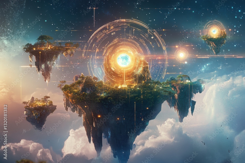 Poster floating islands unite through portals in a breathtaking metaverse landscape featuring gateways to d
