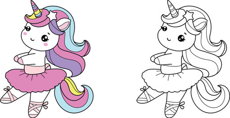 Colorful fantasy unicorn Dancing Ballet with balloon soft and sweet colors – ideal for kid, color page, stickers and decorative Elements.vector illustration