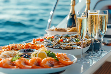Seafood Delight on the Open Water: A decadent spread of fresh seafood, including oysters, shrimp, and caviar,  glistens invitingly on a table set against the backdrop of the sparkling ocean.