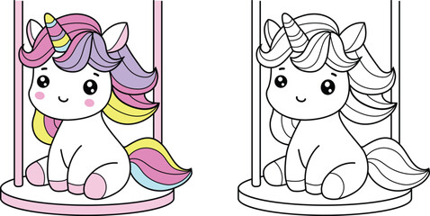 Colorful fantasy unicorn Sitting on a Swing soft and sweet colors – ideal for kid, color page, stickers and decorative Elements.vector illustration