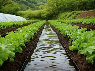 Lush lettuce rows mirrored in irrigation canal amidst verdant countryside
