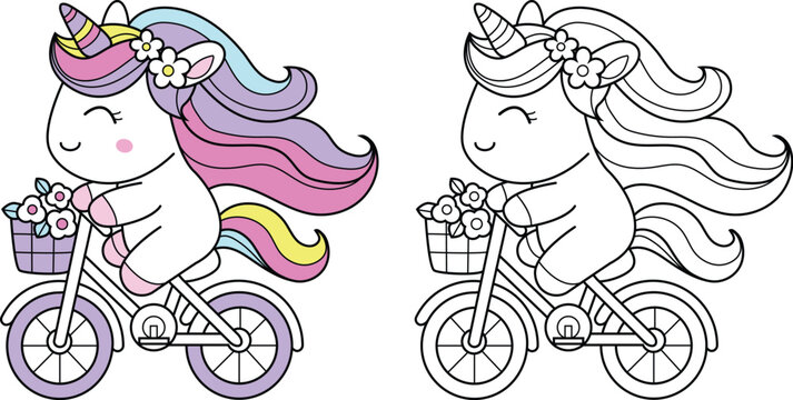 Colorful fantasy unicorn Riding a Bicycle soft and sweet colors &ndash; ideal for kid, color page, stickers and decorative Elements.vector illustration
