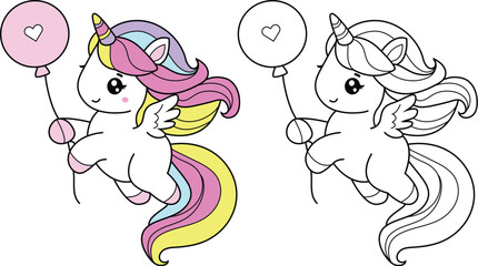 Colorful fantasy unicorn with balloon soft and sweet colors – ideal for kid, color page, stickers and decorative Elements.vector illustration