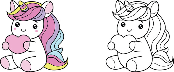 Colorful fantasy unicorn with heart soft and sweet colors – ideal for kid, color page, stickers and decorative Elements.vector illustration