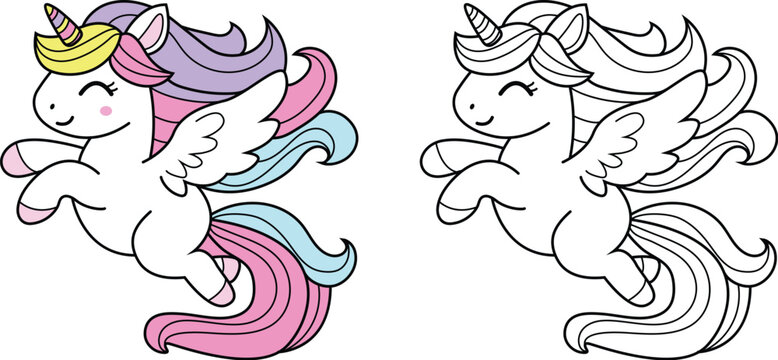 Colorful fantasy unicorn with balloon soft and sweet colors &ndash; ideal for kid, color page, stickers and decorative Elements.vector illustration