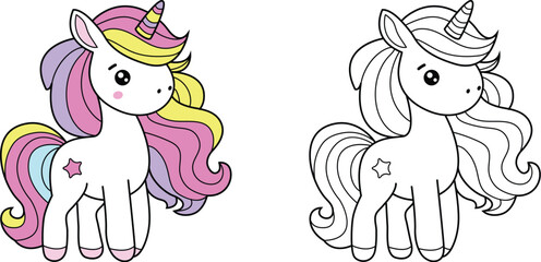 Colorful fantasy unicorn  soft and sweet colors – ideal for kid, color page, stickers and decorative Elements.vector illustration