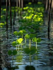 Reflections of new life, aquatic plants emerge in tranquil watery scene