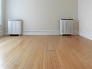 Two white HVAC units stand in a corner of a room with light beige walls and light brown hardwood floors.