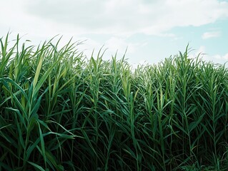 Lush green reed thicket swaying beneath a pastel sky scenery