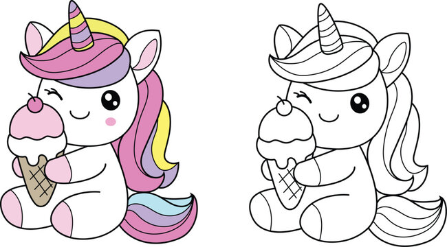 Naklejki Colorful fantasy unicorn with ice cream soft and sweet colors – ideal for kid, color page, stickers and decorative Elements.vector illustration