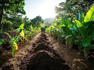 Lush banana plantation, rows of growth under tropical sunlight
