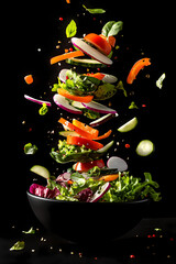 Vibrant Vegetable Salad Toss: A dynamic and colorful mix of fresh vegetables, including lettuce, tomatoes, carrots, and cucumbers, is captured mid-air above a dark bowl.