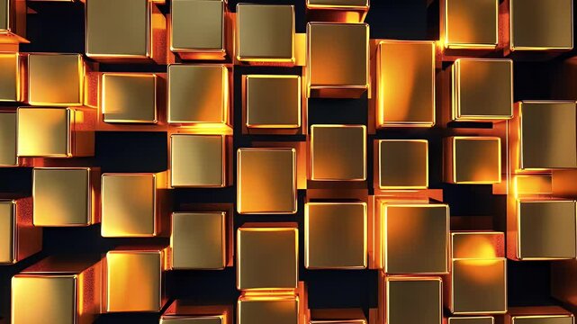 Abstract geometric gold cubes arranged in a repeating pattern with glowing highlights against a dark background creating a luxurious modern design with metallic texture and 3D rendering